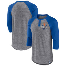 Adult Men's New York Mets Fanatics Branded Iconic Above Heat Speckled Raglan Henley 3/4 Sleeve baseball T-shirt - Heathered Gray/Royal