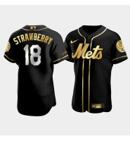 Men's New York Mets Darryl Strawberry #18 Black Golden Edition Authentic Jersey