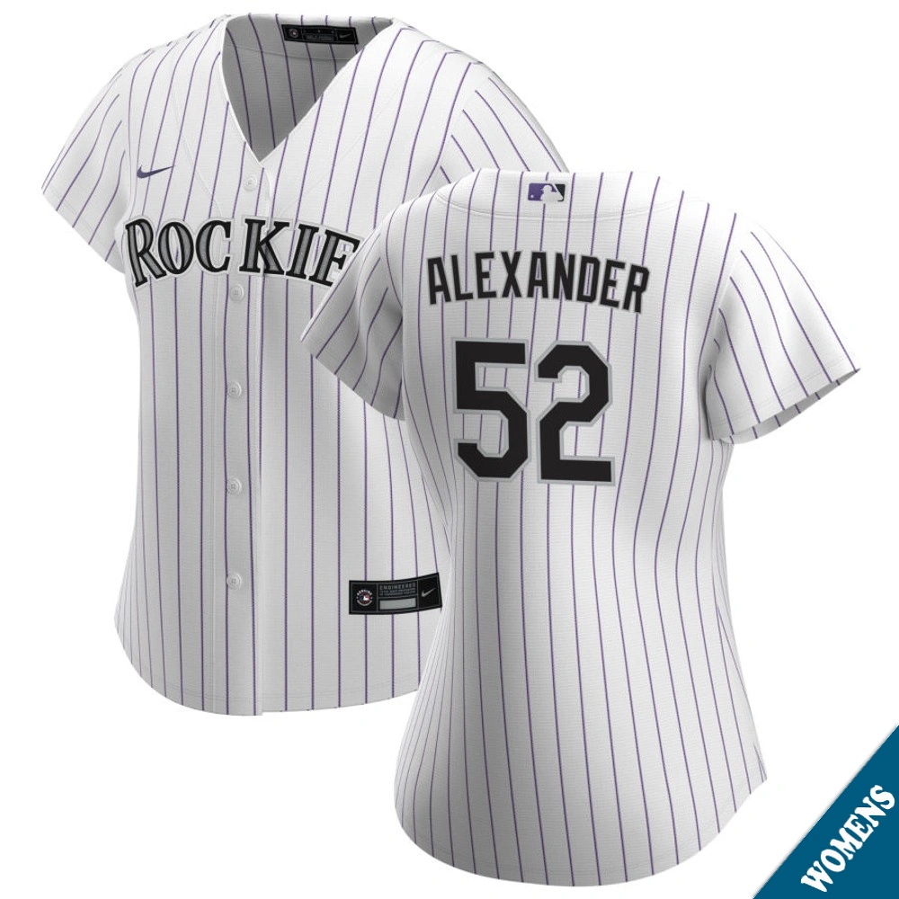 Women's Colorado Rockies Scott Alexander #52 Home White Replica Jersey