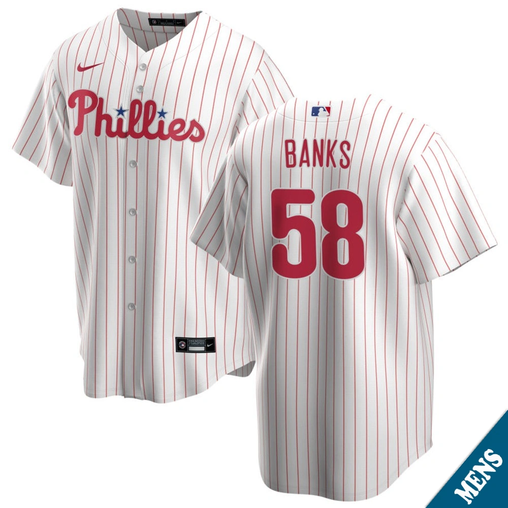 Men's Philadelphia Phillies Tanner Banks #58 Home White Replica Jersey
