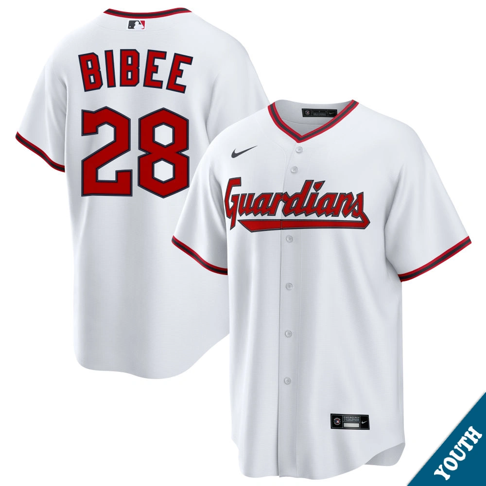 Youth Cleveland Guardians Tanner Bibee #28 Home White Replica Jersey