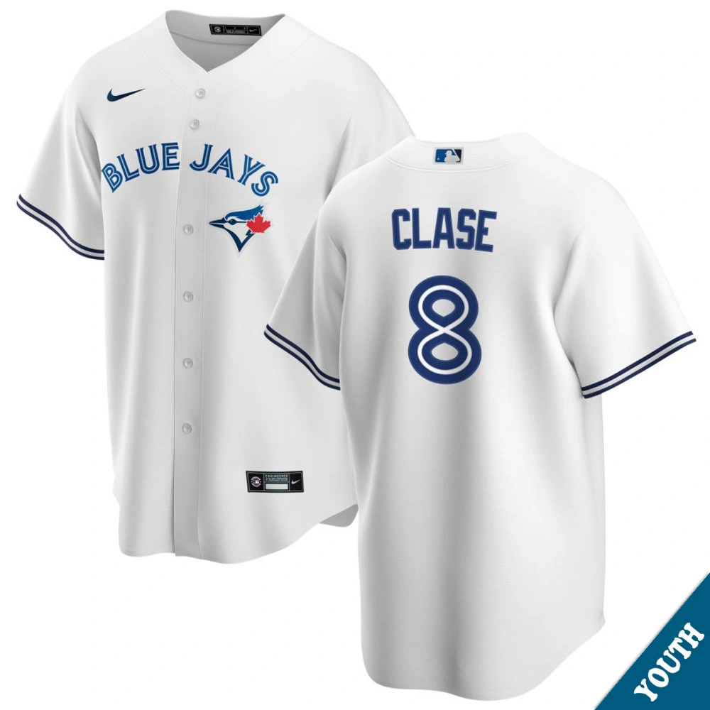 Youth Toronto Blue Jays Jonatan Clase #8 Home White Replica Jersey