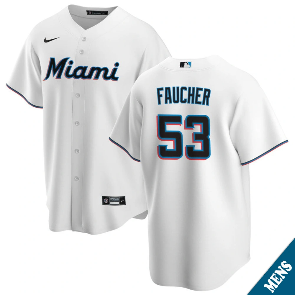 Men's Miami Marlins Calvin Faucher #53 Home White Replica Jersey