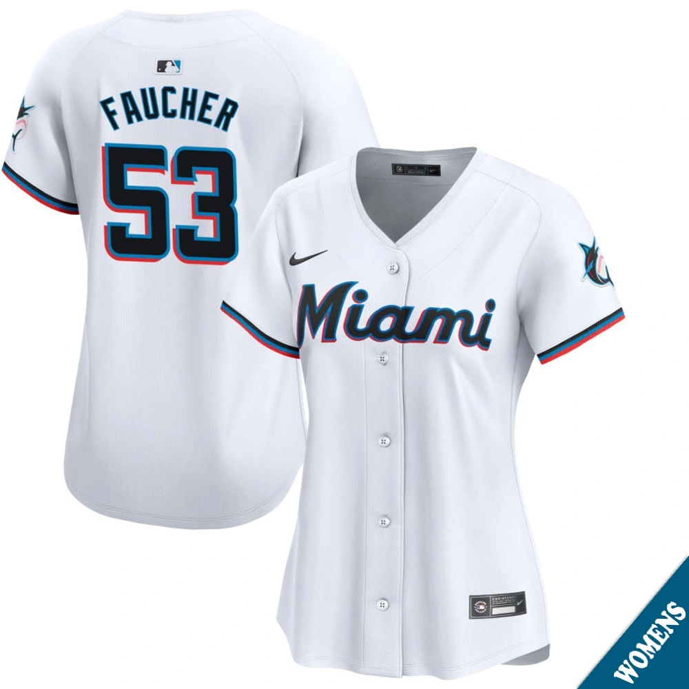 Women's Miami Marlins Calvin Faucher #53 Home White Limited Jersey