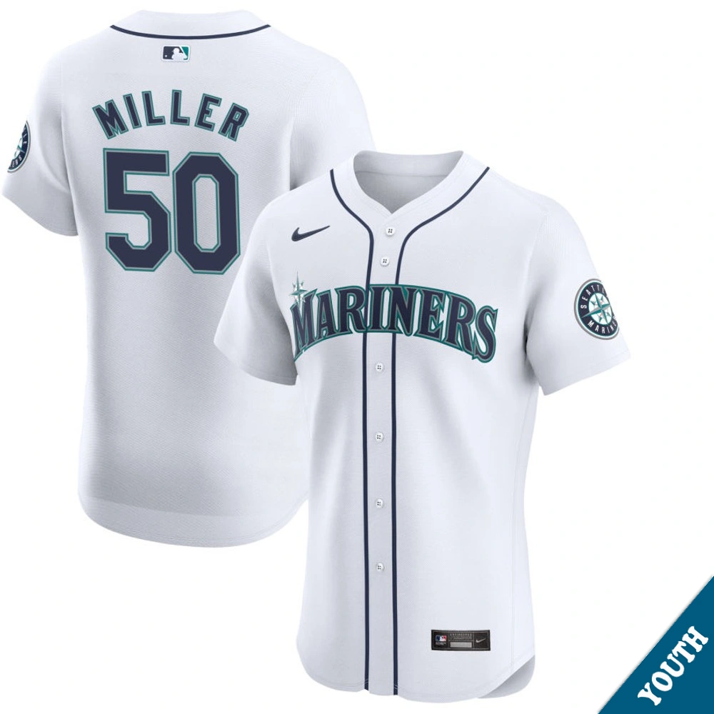 Youth Seattle Mariners Bryce Miller #50 Home White Elite Jersey