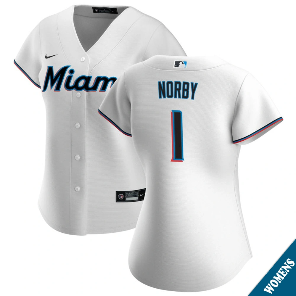 Women's Miami Marlins Connor Norby #1 Home White Replica Jersey