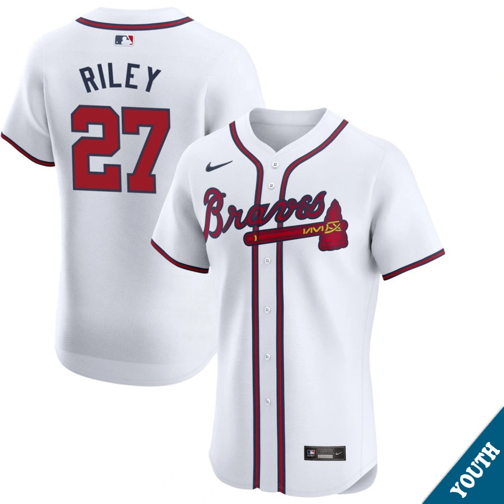 Youth Atlanta Braves Austin Riley #27 Home White Elite Jersey
