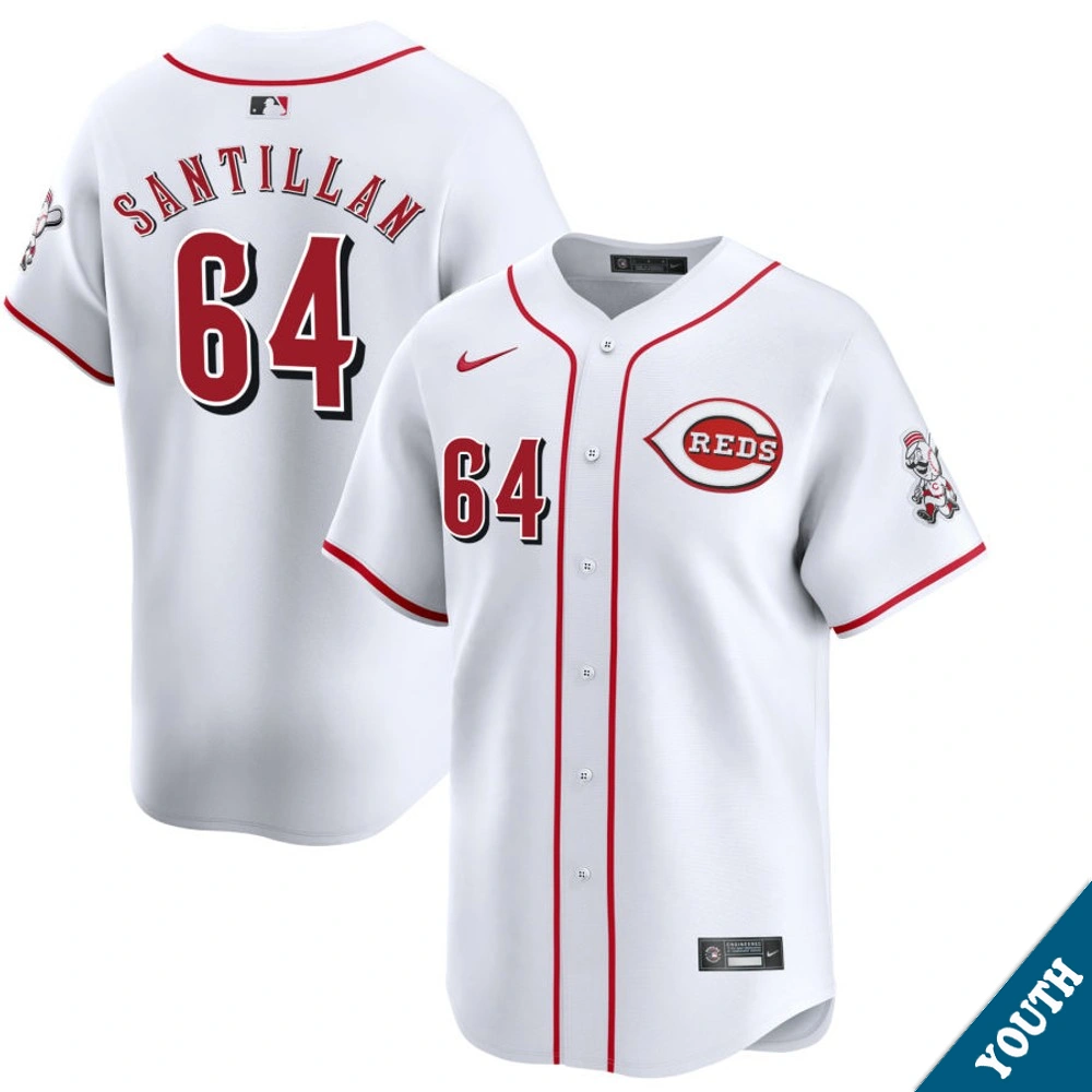 Youth Cincinnati Reds Tony Santillan #64 Home White Limited Jersey