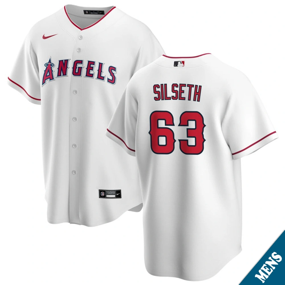 Men's Los Angeles Angels Chase Silseth #63 Home White Replica Jersey