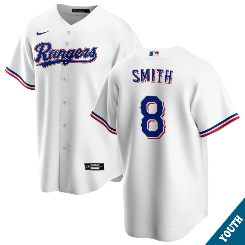 Youth Texas Rangers Josh Smith #8 Home White Replica Jersey