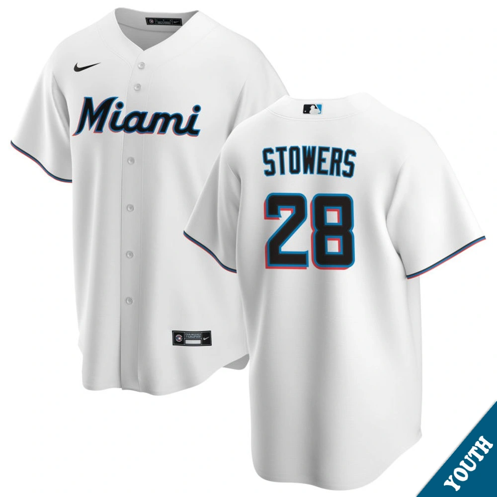 Youth Miami Marlins Kyle Stowers #28 Home White Replica Jersey